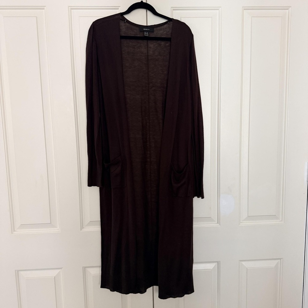 Forever 21 Plus Cardigan Sweater 3X Brown Longline Duster Open Front Pockets
